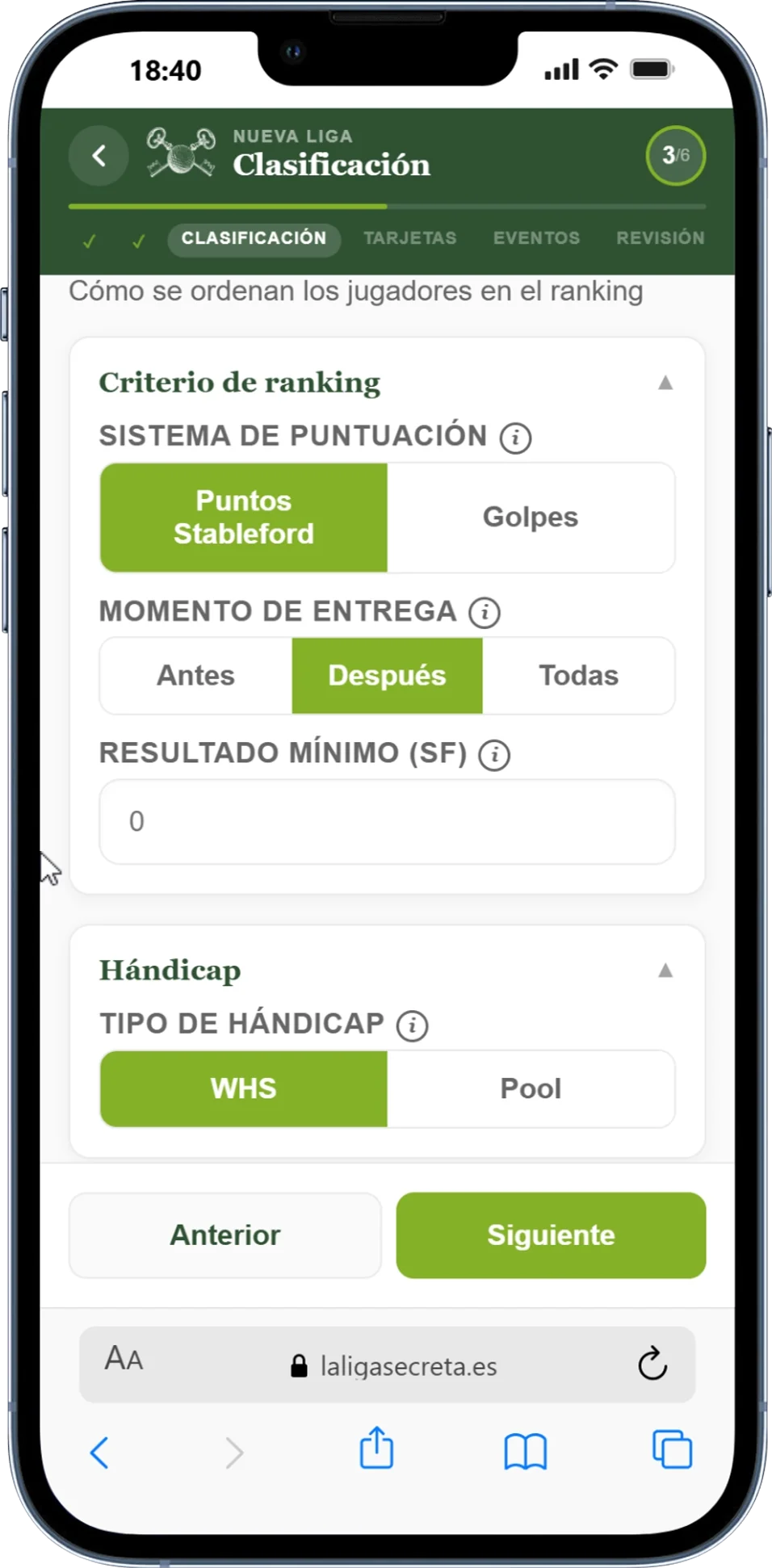 Configuración de clasificación y hándicap